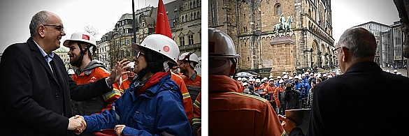Bürgermeister Andreas Bovenschulte begrüßt die Beschäftigten der Bremer Hütte vor dem Rathaus. Bürgermeister Andreas Bovenschulte begrüßt die Beschäftigten der Bremer Hütte vor dem Rathaus.