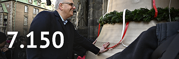 Bürgermeister Andreas Bovenschulte nimmt die neu gegossene Friedensglocke des St. Petri Doms in Empfang. 