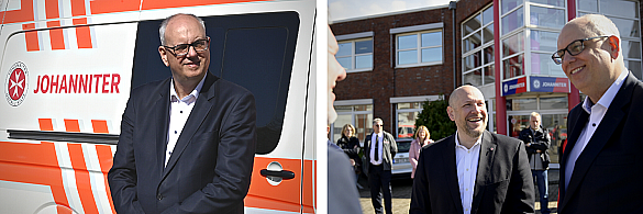Zwei Bilder von dem Besuch von Bürgermeister Andreas Bovenschulte bei der Johanniter-Unfall-Hilfe.
