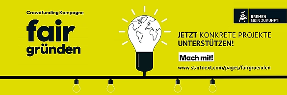Kampagnen-Banner der Crowdfunding-Kampagne Fair Gründen.  Kampagnen-Banner der Crowdfunding-Kampagne Fair Gründen.