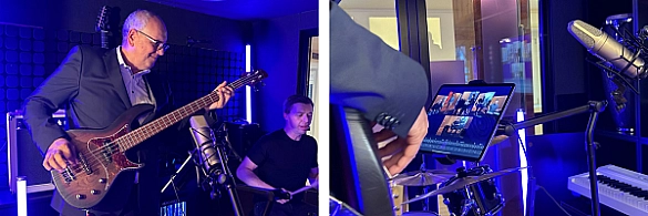 Bürgermeister Bovenschulte testet eine neue Musik-App und spielt dafür E-Gitarre.