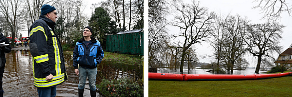 Linkes BIld: Bürgermeister Andreas Bovenschulte im Gespräch mit einem vom Hochwasser betroffenen Bürger. Linkes Bild: Ein mobiler Deich in Timmersloh.