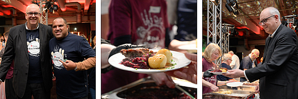 Bovenschulte und Ailton - Teller mit Rotkohl, Gans und Klößen - Bürgermeister Andreas Bovenschulte half auf der Benefizveranstaltung Dein Festmahl beim Servieren.