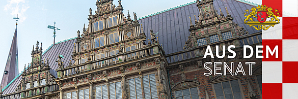 Bremer Rathaus mit Speckflagge und dem Schriftzug: Aus dem Senat