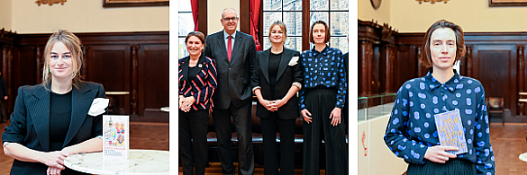 Drei Bilder nebeneinander. Links und rechts die jeweilgen Preisträgerinnen und in der Mitte ein Gruppenbild mit Bürgermeister Andreas Bovenschulte.