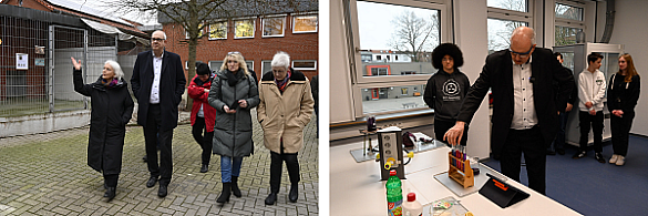 Rundgang durch den Bremer Tierschutzverein und Tierheim mit Bürgermeister Bovenschulte. | Beim Rundgang durch die Oberschule Findorff durfte Bürgermeister Bovenschulte selbst experimentieren.