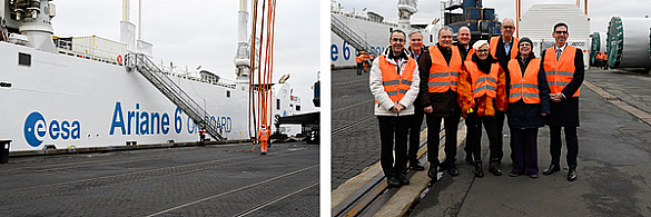 Bei der Vorbereitung der Verladung der ersten Oberstufe der Ariane-6 (von links): Pierre Godart (CEO ArianeGroup), Jens Lassmann (ArianeGroup-Standortleiter Bremen), Walther Pelzer (DLR-Vorstandsmitglied und Leiter der Deutschen Raumfahrtagentur im DLR), Anke Kaysser-Pyzalla (Vorstandsvorsitzende DLR), Bürgermeister Andreas Bovenschulte, Wirtschaftssenatorin Kristina Vogt, Matthias Magnor (COO BLG). 