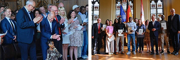 Bürgermeister Andreas Bovenschulte und Bundeskanzler Olaf Scholz gemeinsam mit Innensenator Ulrich Mäurer bei der Einbürgerungsfeier im Rathaus 2024.  Bürgermeister Andreas Bovenschulte und Bundeskanzler Olaf Scholz gemeinsam mit Innensenator Ulrich Mäurer bei der Einbürgerungsfeier im Rathaus 2024.