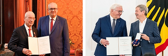 Zwei Fotos: Bürgermeister Bovenschulte übergibt das Bundesverdienstkreuz an Richard Klämbt / Sportgarten-Gründer erhält Ehrung direkt vom Bundespräsidenten Zwei Fotos: Bürgermeister Bovenschulte übergibt das Bundesverdienstkreuz an Richard Klämbt / Sportgarten-Gründer erhält Ehrung direkt vom Bundespräsidenten