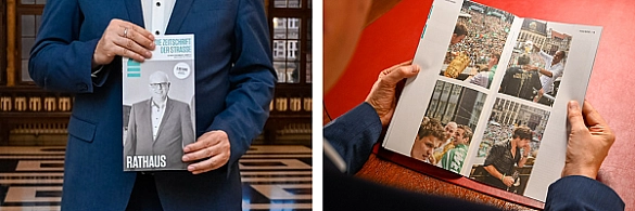 Bürgermeister Andreas Bovenschulte hält die Zeitschrift der Straße (Ausgabe Rathaus) in den Händen. Bürgermeister Andreas Bovenschulte hält die Zeitschrift der Straße (Ausgabe Rathaus) in den Händen.