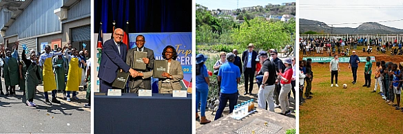 Bilder von Bürgermeister Andreas Bovenschulte bei seiner Delegationsreise in Windhoek und Durban - tanzend, bei erin Vertragsunterzeichnung, im Urban Gardening und bei Fußball spielen.  Bilder von Bürgermeister Andreas Bovenschulte bei seiner Delegationsreise in Windhoek und Durban - tanzend, bei erin Vertragsunterzeichnung, im Urban Gardening und bei Fußball spielen.