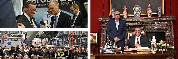 Bildcollage vom Besuch von Bundesverteidigungsminister Boris Pistorius. rechts: gemeinsam mit Bürgermeister Andreas Bovenschulte beim Eintrag in das Goldene Buch.  Bildcollage vom Besuch von Bundesverteidigungsminister Boris Pistorius. rechts: gemeinsam mit Bürgermeister Andreas Bovenschulte beim Eintrag in das Goldene Buch.