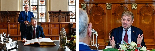 Bürgermeistre Andreas Bovenschulte begrüßt Botschafter Piet Heirbaut in der Güldenkammer des Rathauses. Bürgermeistre Andreas Bovenschulte begrüßt Botschafter Piet Heirbaut in der Güldenkammer des Rathauses.