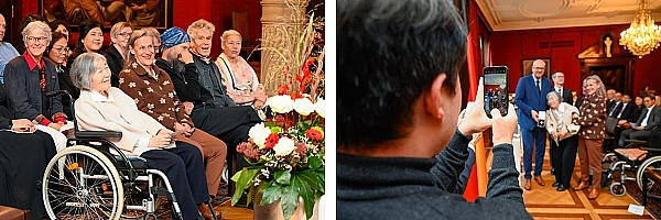 Zwei Fotos. Links: Professorin Younghi Pagh-Paan bei ihrer Verdienstkreuzverleihung. Rechts: Bürgermeister Andreas Bovenschulte mit Professorin Younghi Pagh-Paan.