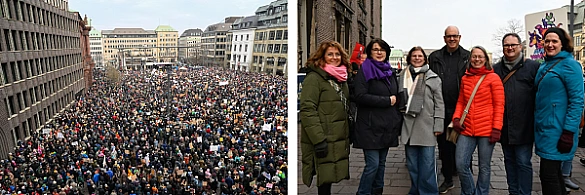 Die Collage aus zwei Bildern: 1. Blick aus dem Rathaus auf den Domshof voller demonstrierender Menschen / 2. Mitglieder des Senats vor dem Rathaus. 