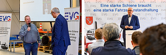 Roland Ditte, Vorsitzender des Betriebsrates DB Fahrzeuginstandhaltung Werk Bremen, im Gespräch mit Bürgermeister Andreas Bovenschulte. 