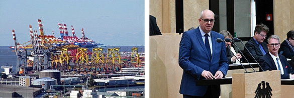 Links: Symbolbild Hafen. Rechts: Bürgermeister Bovenschulte spricht im Bundesrat. Links: Symbolbild Hafen. Rechts: Bürgermeister Bovenschulte spricht im Bundesrat.