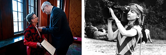 Links: Bürgermeister Bovenschulte steckt Heide-Marie Härtel das Bundesverdienstkreuz an. | rechts: Heide-Marie Härtel mit einer Kamera in der Hand. Links: Bürgermeister Bovenschulte steckt Heide-Marie Härtel das Bundesverdienstkreuz an. | rechts: Heide-Marie Härtel mit einer Kamera in der Hand.