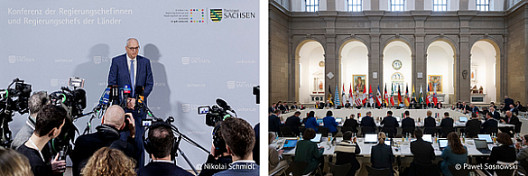Links: Bürgermeister Andreas Bovenschulte vor einer Pressewand bei der Ministerpräsidentenkonferenz. | Rechts: Ein Bild von der Tagung der Ministerpräsidentenkonferenz.