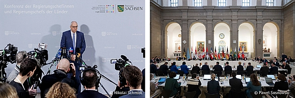 Links: Bürgermeister Andreas Bovenschulte vor einer Pressewand bei der Ministerpräsidentenkonferenz. | Rechts: Ein Bild von der Tagung der Ministerpräsidentenkonferenz. Links: Bürgermeister Andreas Bovenschulte vor einer Pressewand bei der Ministerpräsidentenkonferenz. | Rechts: Ein Bild von der Tagung der Ministerpräsidentenkonferenz.