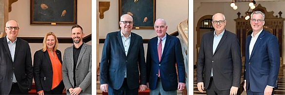 Foto links: Der neue ARD-Vorsitzende Florian Hager (rechts) besuchte zusammen mit der Intendantin von Radio Bremen, Yvette Gerner, Bürgermeister Andreas Bovenschulte. Foto mitte: Bürgermeister Andreas Bovenschulte mit dem neuen Präses der Handelskammer Bremen – IHK für Bremen und Bremerhaven, André Grobien. Foto rechts: Bürgermeister Andreas Bovenschulte mit Gunnar Groebler, Präsident der Wirtschaftsvereinigung Stahl.