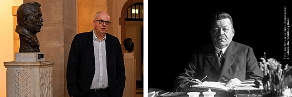 Bürgermeister Bovenschulte neben der Büste von Friedrich Ebert. Eine Fotografie von Friedrich Ebert am Schreibtisch. 