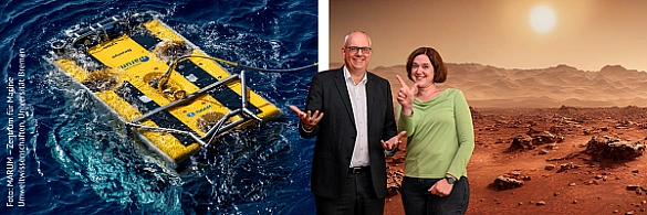 Bürgermeister Andreas Bovenschulte und Senatorin Kathrin Moosdorf vor zwei Bildern der Exzellenzcluster.