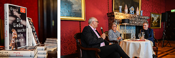 Auf dem linken Bild: Das Cover des Romans Die Liebe sucht ein Zimmer. Auf dem rechten Bild (von links): Bürgermeister Andreas Bovenschulte, Libuse Cerna und Autor David Safier im Gespräch.