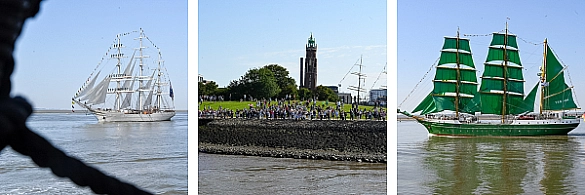 Menschen an der Weserpromenade und die Alexander von Humboldt