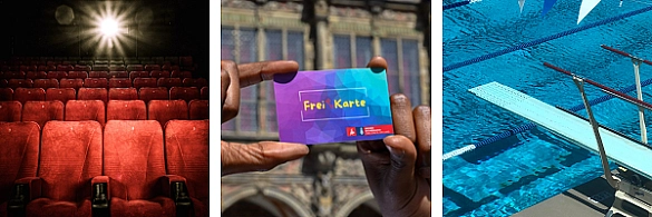 Ein Kinosaal, ein Bild der Freikarte und ein Freibad.