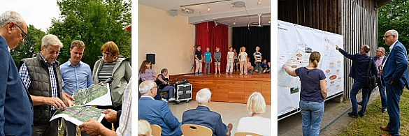 Bürgermeister Bovenschulte beim Quartiersbesuch in Borgfeld mit 1. Bild Informatonen zum Hochwasserschutz, 2. BIld in der Grundschule Borgfeld und 3. Bild bei der Kinder- und Jugendfarm.