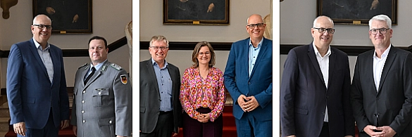 Drei Fotos. Foto links: Bürgermeister Andreas Bovenschulte (li.) begrüßt Oberst Thomas Geßner, Kommandeur Landeskommando Bremen, im Rathaus. Foto mitte: Antrittsbesuch von Joachim Schuster als neuer Verbandsratsvorsitzender des Paritätischen Bremen. Personen (v.l.): Dr. Joachim Schuster, Verbandsratsvorsitzender; Birgitt Pfeiffer, Vorständin; Bürgermeister Andreas Bovenschulte. Foto rechts: Der neue Chef der Arcelor-Mittal-Hütte Bremen, Rainer Böse (rechts), mit Bürgermeister Andreas Bovenschulte.