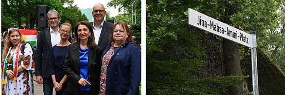 Feierliche Enthüllung des Schildes Jina-Mahsa-Amini-Platz vor dem Focke-Museum. Personen (v.l.): Gudrun Eickelberg, Sprecherin des Beirats Schwachhausen; Ortsamtsleiter Ralf Möller; Dr. Anna Greve, Direktorin Focke-Museum; Naciya Celebi Bektas, Initiatorin des Bürgerantrags, Bürgermeister Andreas Bovenschulte