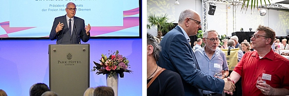 Foto links: Bürgermeister Andreas Bovenschulte bei seiner Rede. Foto rechts: Prof. Monika Schnitzer in der Diskussion.  Foto links: Bürgermeister Andreas Bovenschulte bei seiner Rede. Foto rechts: Prof. Monika Schnitzer in der Diskussion.