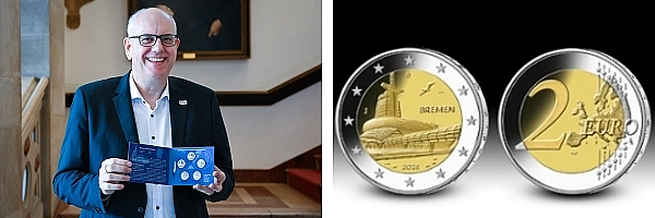 Bürgermeister Andreas Bovneschulte mit der 2-Euro-Münze Klimahaus.