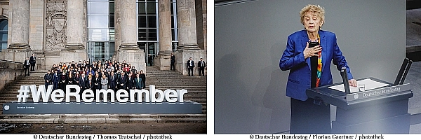 Foto vor dem Bundestag zur Kampagne #WeRemember. | Tova Friedman spricht im Bundestag.