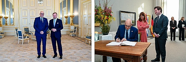 Antrittsbesuch von Bundesratspräsident Andreas Bovenschulte beim König der Nierlande Willem-Alexander. |  Bürgermeister Andreas Bovenschulte trägt sich im Beisein von Mei Li Vos, Vorsitzende der Ersten Kammer, und Thom van Campen, Vorsitzender der Zweiten Kammer, in das Gästebuch der Generalstaaten ein.