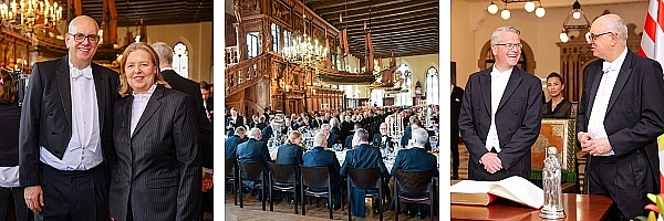 Bundesministerin Bärbel Bas und Bürgermeister Andreas Bovenschulte bei der 482. Schaffermahlzeit.| Blick in die Obere Rathaushalle bei der 482. Schaffermahlzeit. | Der Ehrengast der 482. Schaffermahlzeit, Vincent Clerc, CEO von A.P. Moller – Mearsk (li.) und Bürgermeister Andreas Bovenschulte nach dem Eintrag in das Goldene Buch. 