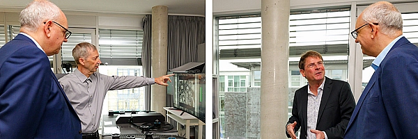 Zwei Bilder: Links Bürgermeister Bovenschulte im Gespräch mit Cube-Tex-Geschäftsführer Jörg Houpert. Rechts Bovenschulte und Cube-Tex-Geschäftsführer Tom Lorenz.