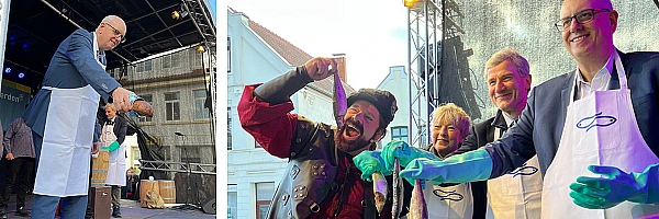 Zwei Bilder. Links: Bürfermsiter Andreas Bovenschhulte verteilt bei der Lätare-Spende Brot. Rechts: Bovenschulte zusammen mit Hanna Naber und dem maritimen Koordinator der Bundesregierung, Metin Hakverdi, beim Verteilen von Heringen.