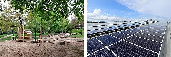 Zwei Bilder: Links ein Blick auf einen Spielplatz. Rechts ein Blick auf eine Solaranlage.