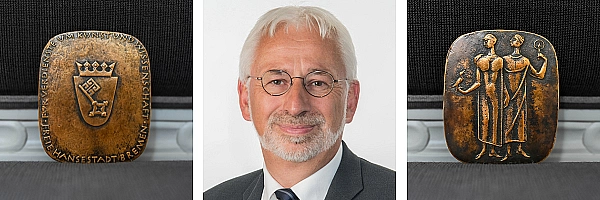 Bildcollage: Rückseite der Medaille, Prof. Elmshäuser, Vorderseite der Medaille