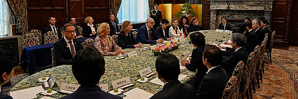 Gemeinsamer Austausch im japanischen Oberhaus Sangiin: Teilnehmerinnen und Teilnehmer beider Delegationen im Austausch im japanischen Oberhaus Sangiin.