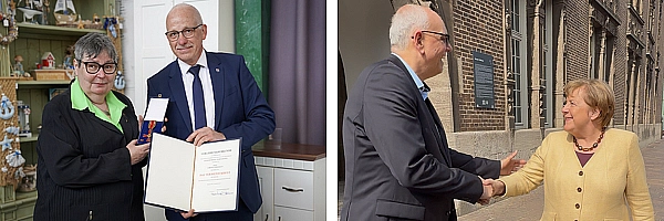 Links: Bremerhavens Stadtverordnetenvorsteher Torsten von Haaren verlieh Corinna Mosebach das Verdienstkreuz am Bande des Verdienstordens der Bundesrepublik Deutschland. Foto: Magistratspressestelle / Florian Zinn | rechts. BÜrgermeister Andreas Bovenschulte und Angela Merkel.