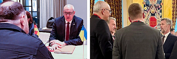 Bürgermeister Andreas Bovenschulte bei seiner Kopenhagenreise mit dem ukrainischen Präsidenten (Bild links) und dem dänischen Könid (Bild rechts).