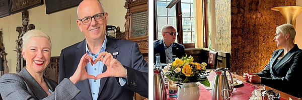 Bürgermeister Andreas Bovenschulte zusammen mit Maria Kalesnikava in der Oberem Rathaushalle und im Büro des Bürgermeisters.