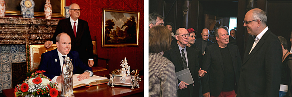 Linkes Bild: Fürst Albert von Monacco tauscht Gastgeschenke mit Bürgermeister Andreas Bovenschulte.  / Rechtes Bild: Hans Zimmer und Glen Keane im Gespräch mit Bürgermeister Andreas Bovenschulte