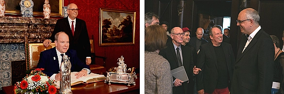 Linkes Bild: Fürst Albert von Monacco tauscht Gastgeschenke mit Bürgermeister Andreas Bovenschulte.  / Rechtes Bild: Hans Zimmer und Glen Keane im Gespräch mit Bürgermeister Andreas Bovenschulte Linkes Bild: Fürst Albert von Monacco tauscht Gastgeschenke mit Bürgermeister Andreas Bovenschulte.  / Rechtes Bild: Hans Zimmer und Glen Keane im Gespräch mit Bürgermeister Andreas Bovenschulte