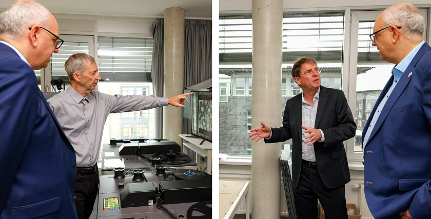 Bürgermeister Andreas Bovenschulte im Gespräch mit den Geschäftsführenden Gesellschaftern von Cube-Tec International GmbH: links im Bild mit Jörg Houpert und rechts mit Tom Lorenz.